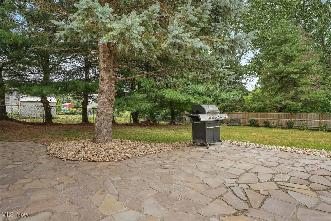 Fenced backyard featuring a patio and grilling area