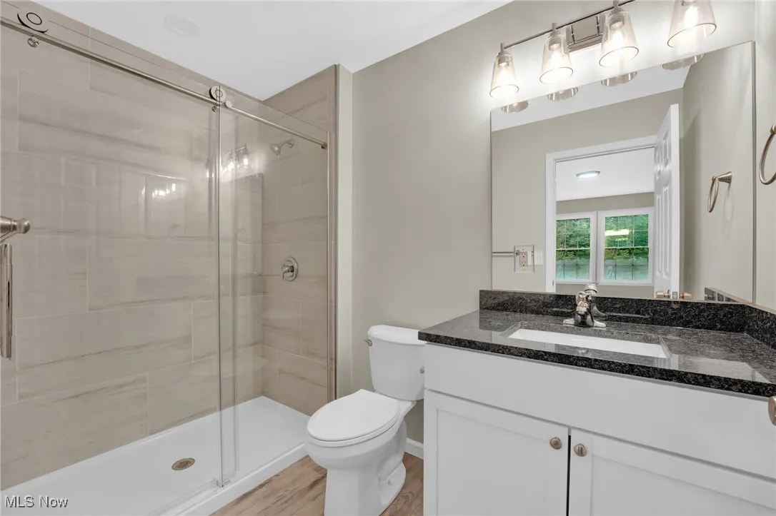 Bathroom with vanity, a shower stall, and wood finished floors