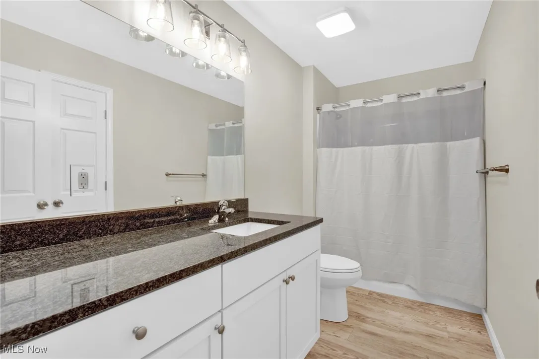 Full bath featuring wood finished floors and vanity