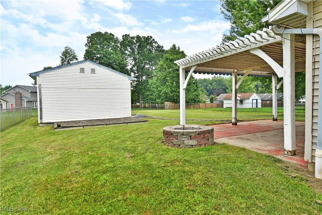 Fenced backyard with a fire pit and an outbuilding