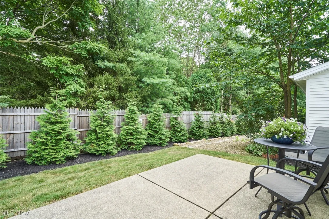 Backyard featuring a patio area with a rear fence lined with trees.