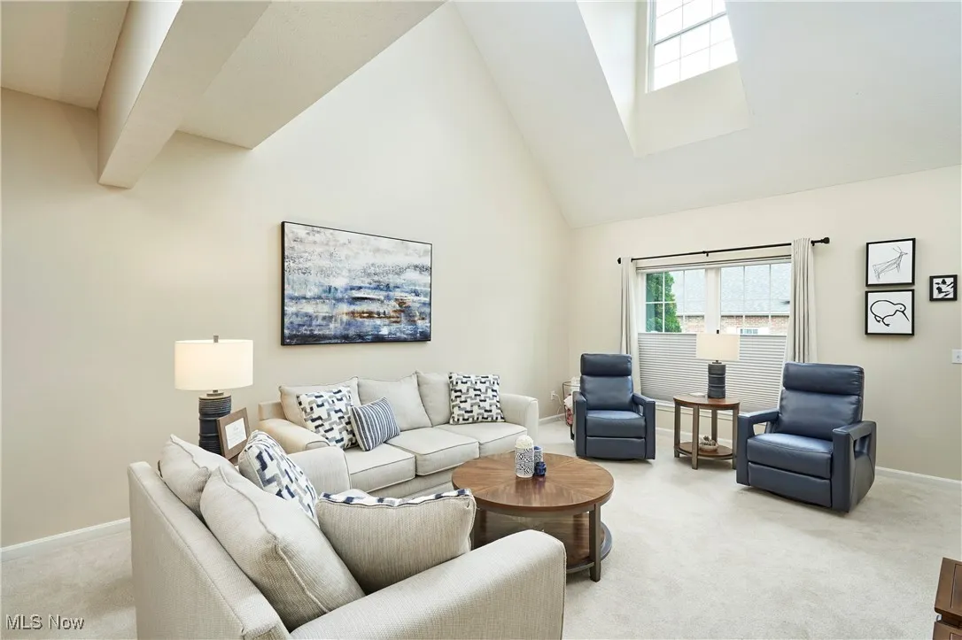 Living room with a skylight, light carpet, and high vaulted ceiling