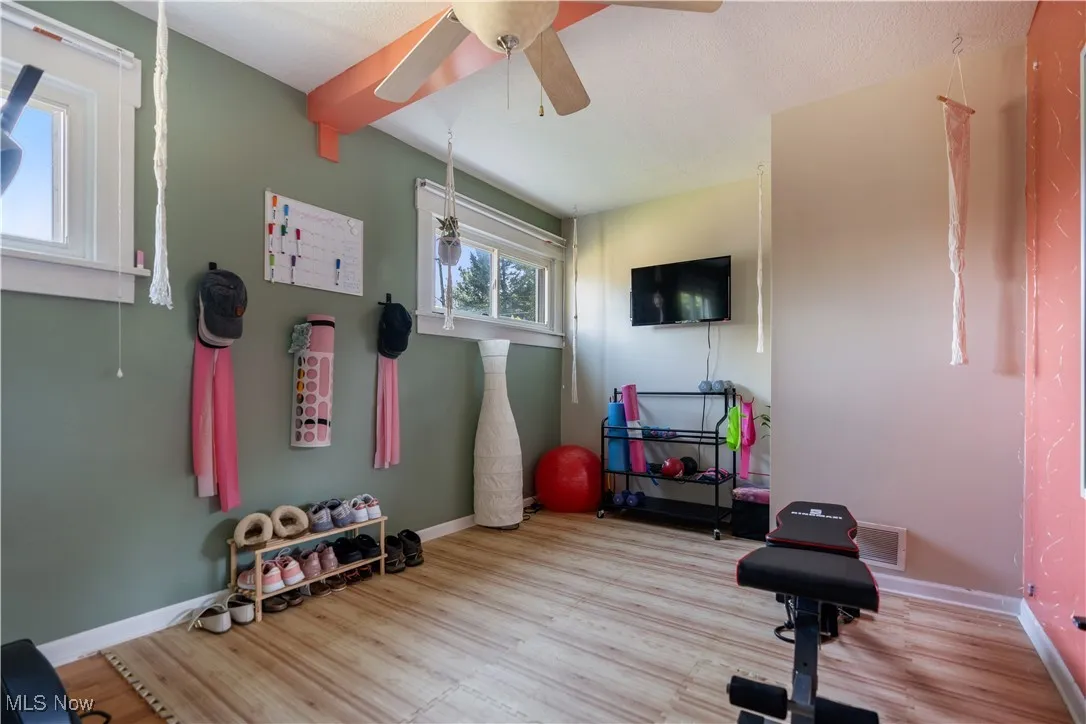 Two of the three bedrooms are located on the first floor.