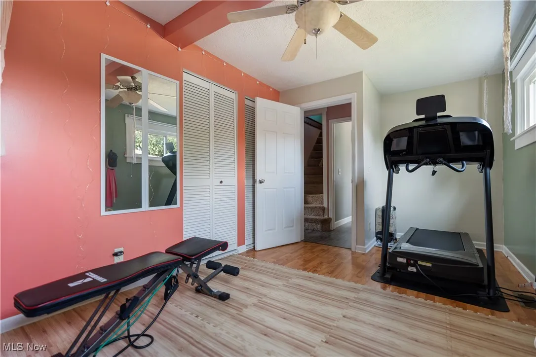 Two of the three bedrooms are located on the first floor.