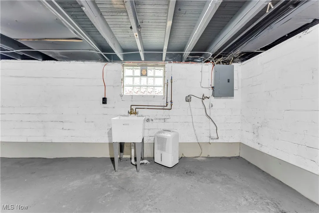 Basement featuring electric panel and a sink