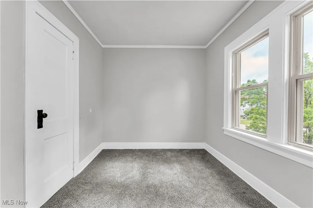 Carpeted empty room featuring crown molding