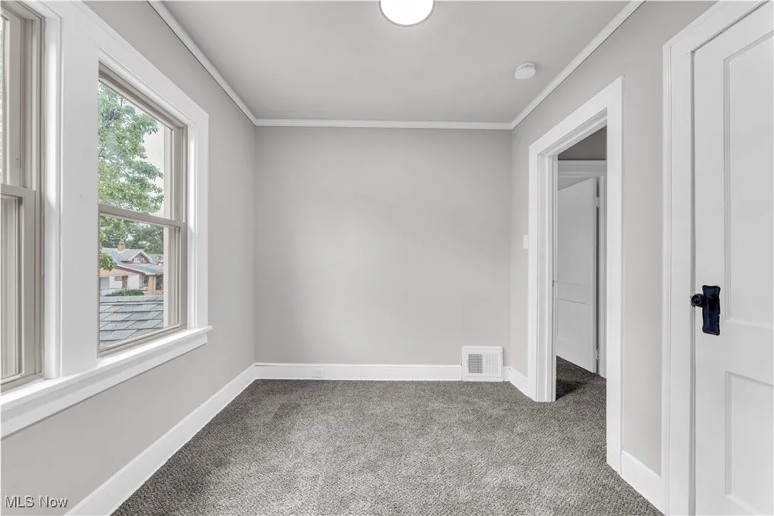 Carpeted spare room with crown molding and baseboards