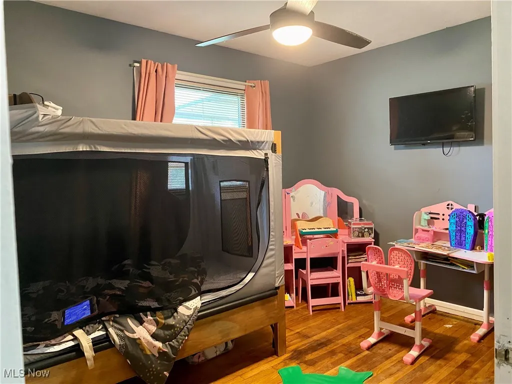Rec room with wood finished floors and ceiling fan