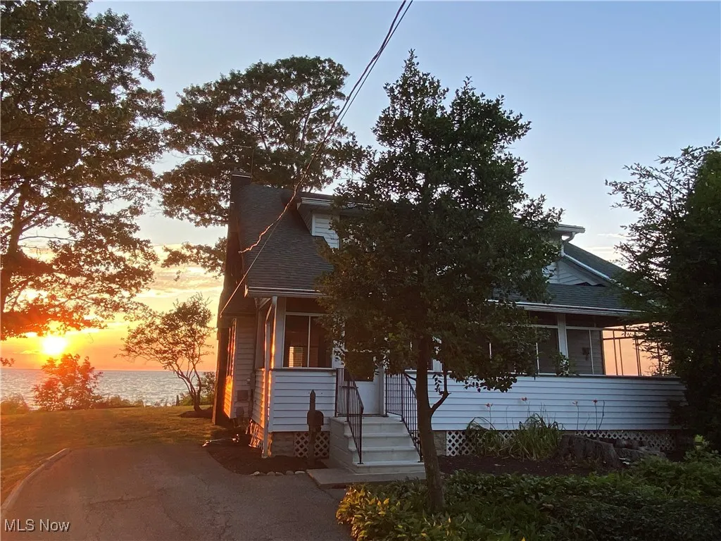 View of front with sunset.
