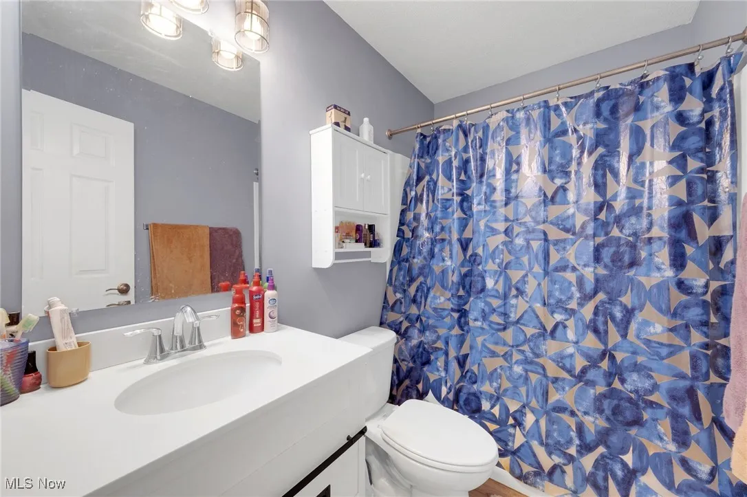 Bathroom featuring vanity and a shower with shower curtain