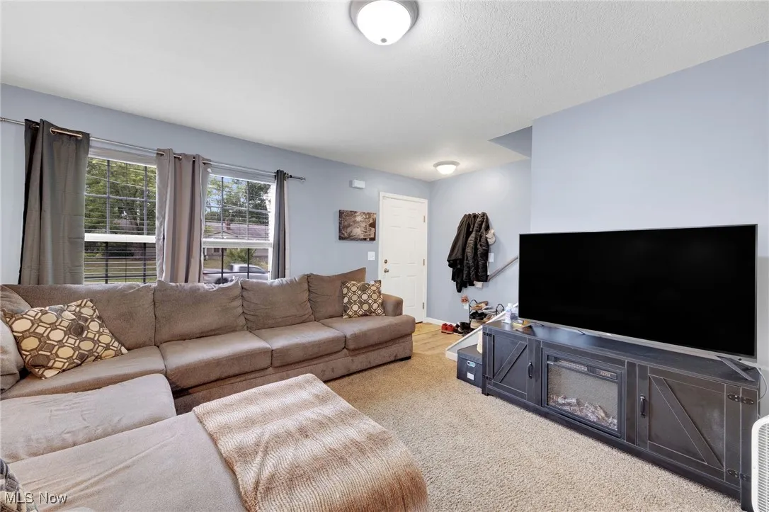 Living room featuring light colored carpet