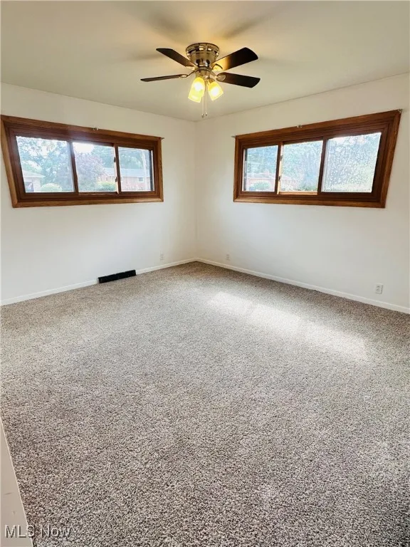 Carpeted spare room featuring plenty of natural light and ceiling fan