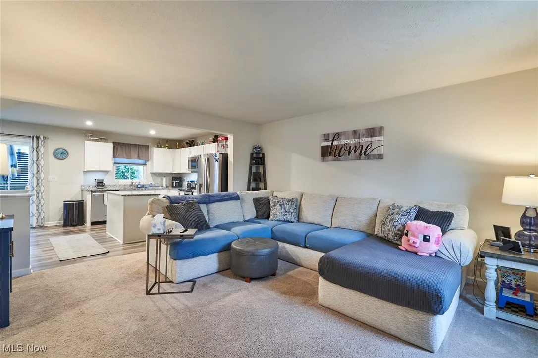 Living room featuring light colored carpet and recessed lighting