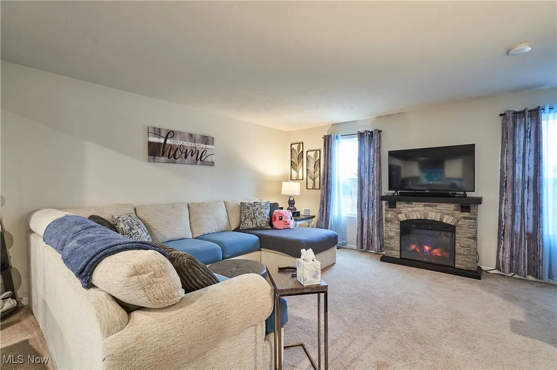 Living room featuring carpet floors and a fireplace