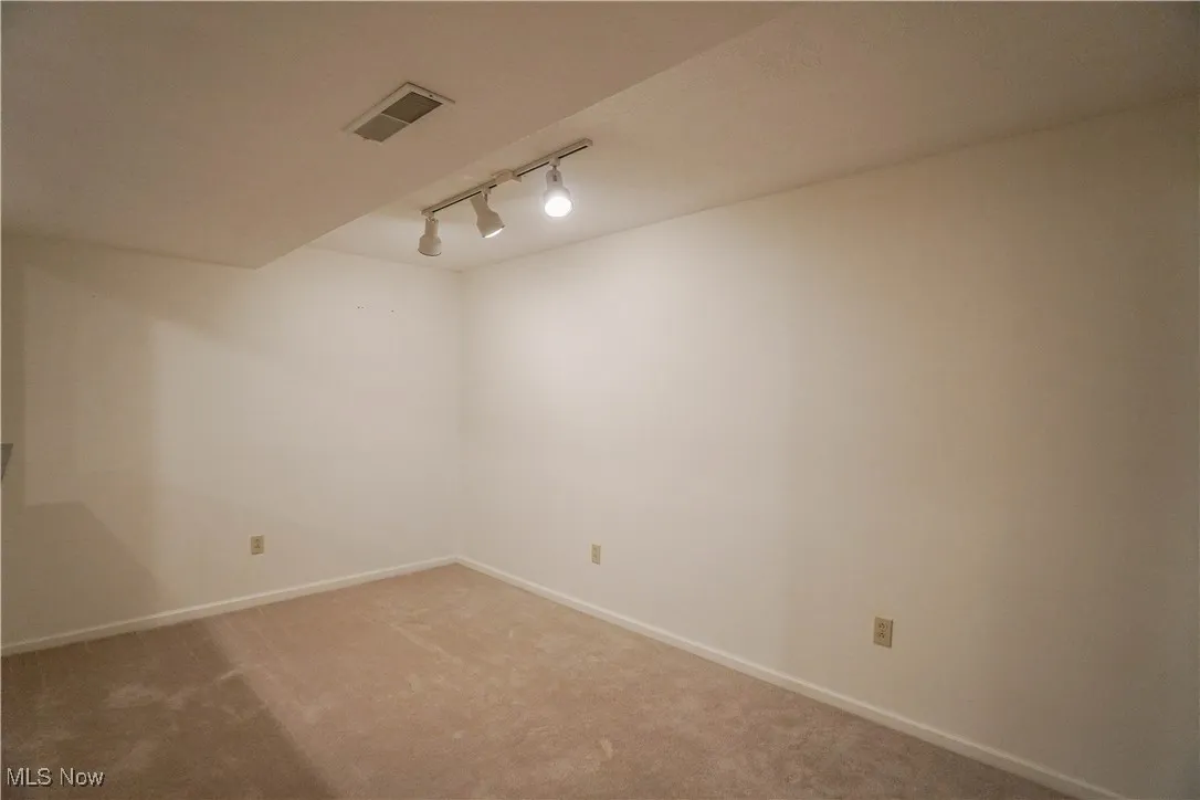 Lower-Level Finished Recreation Room featuring light carpet and track lighting