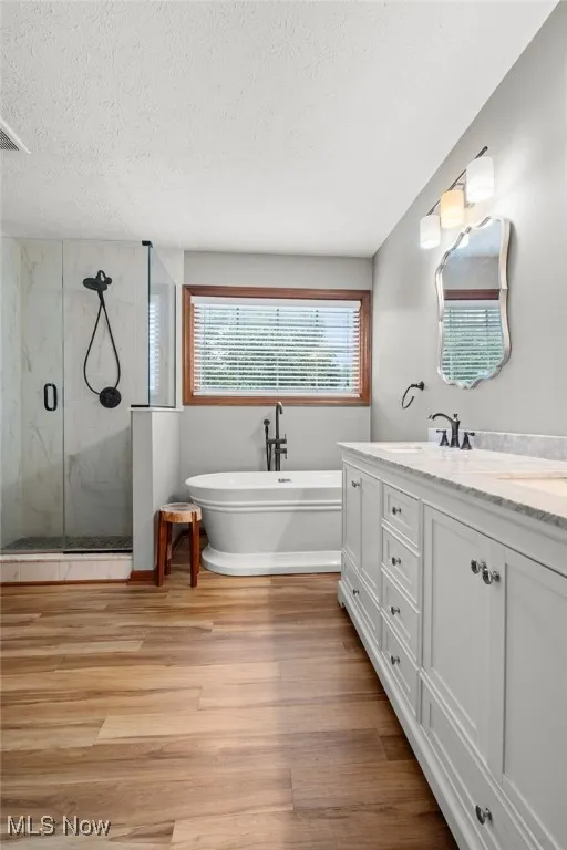 Owners fully remodeled bathroom with LVT flooring, granite countertops, double vanity, free standing tub, and a walk in closet