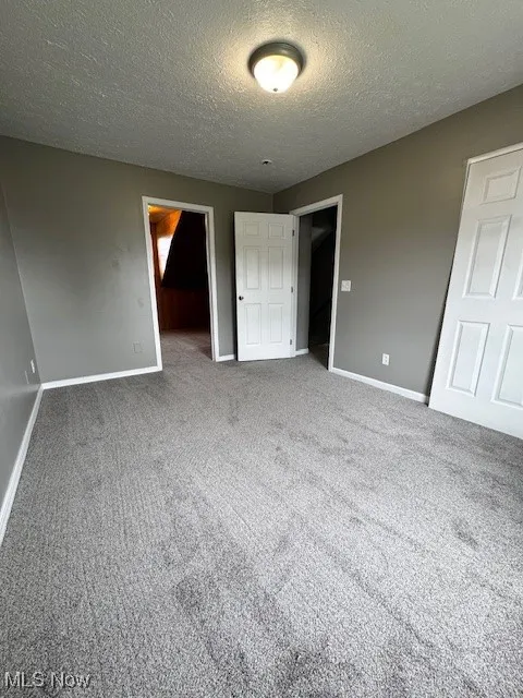 Unfurnished bedroom featuring a closet,new carpet, and a textured ceiling