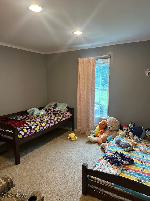 Bedroom featuring crown molding, carpet floors, and recessed lighting