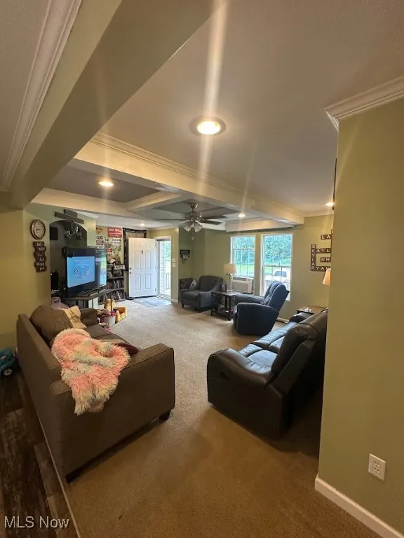 Carpeted living room with ornamental molding and a ceiling fan