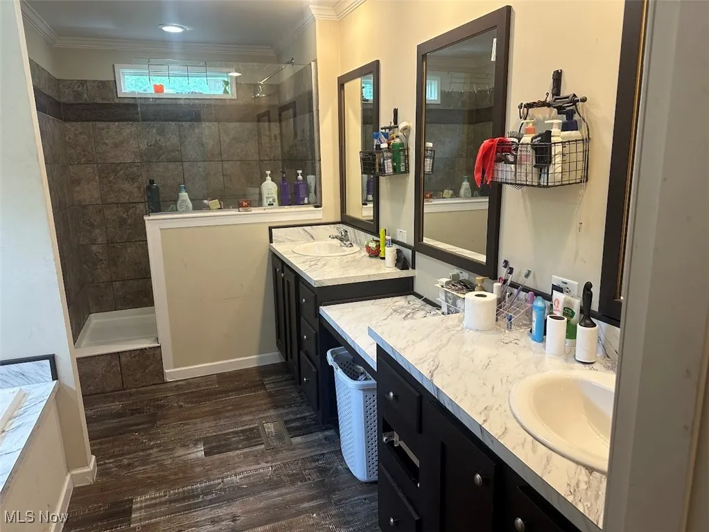 Bathroom featuring a walk in shower, vanity, crown molding, and wood finished floors