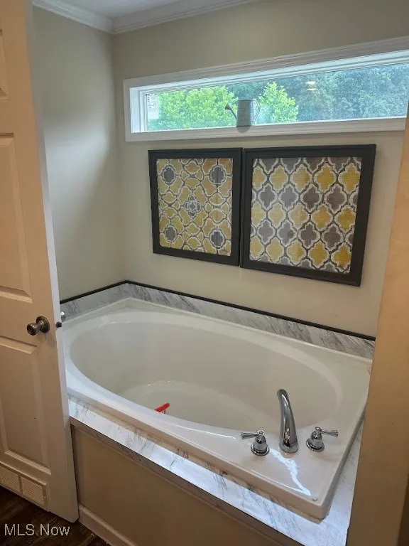 Bathroom with a garden tub, ornamental molding, and wood finished floors
