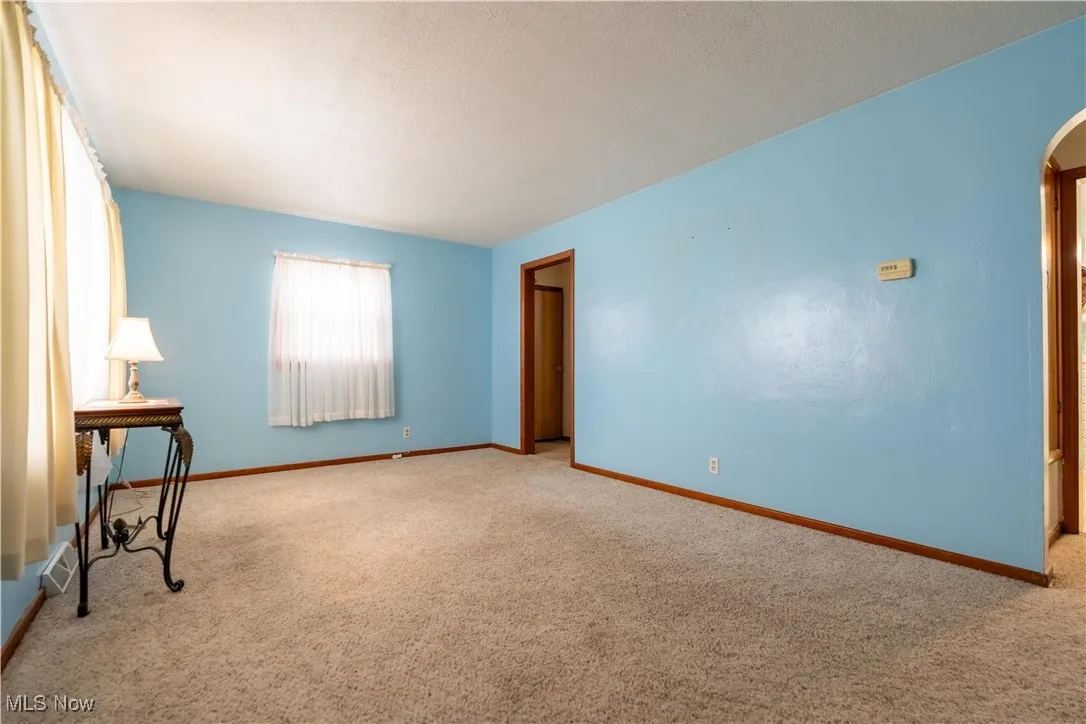 Living room with carpet flooring and arched walkways
