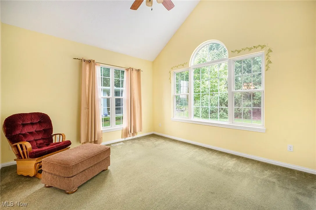 Sitting room featuring carpet flooring, high vaulted ceiling, ceiling fan, and healthy amount of natural light