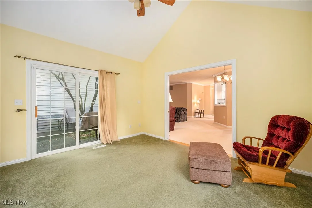 Living area with carpet, high vaulted ceiling, ceiling fan, and a chandelier