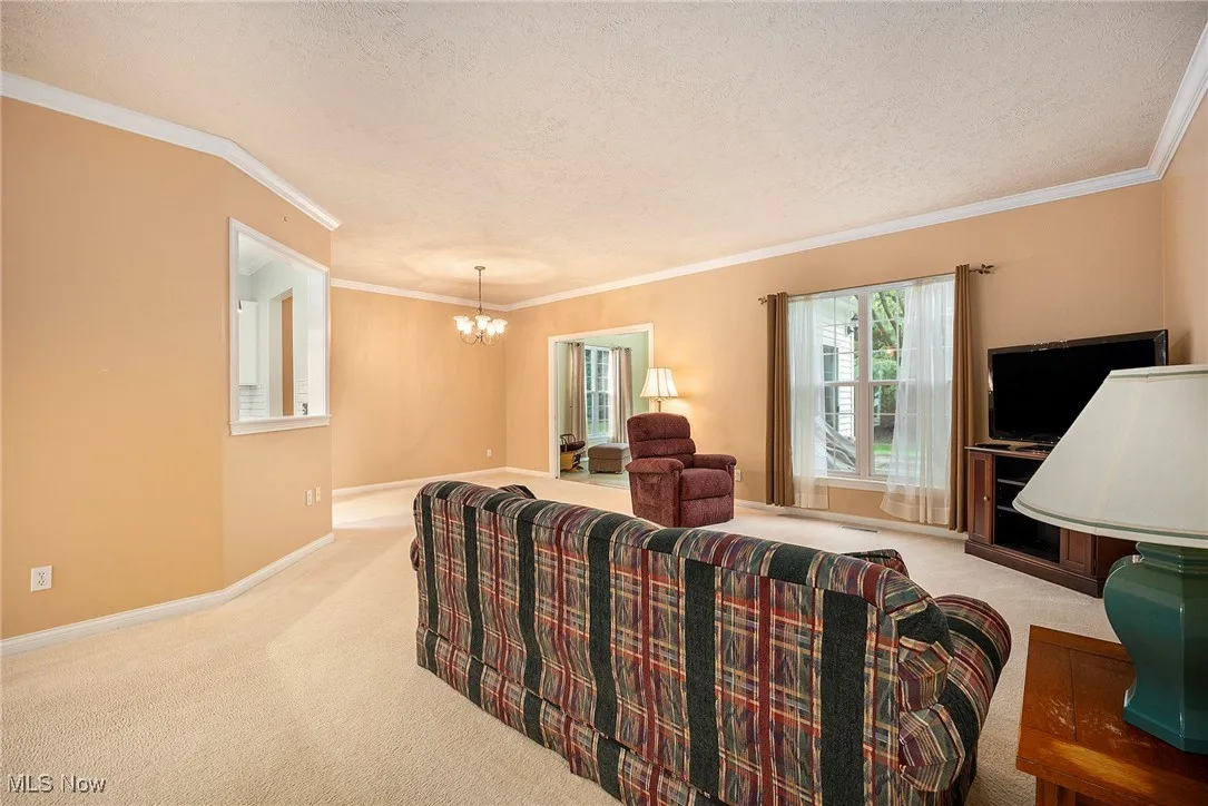 Living area featuring carpet floors, a chandelier, a textured ceiling, and ornamental molding