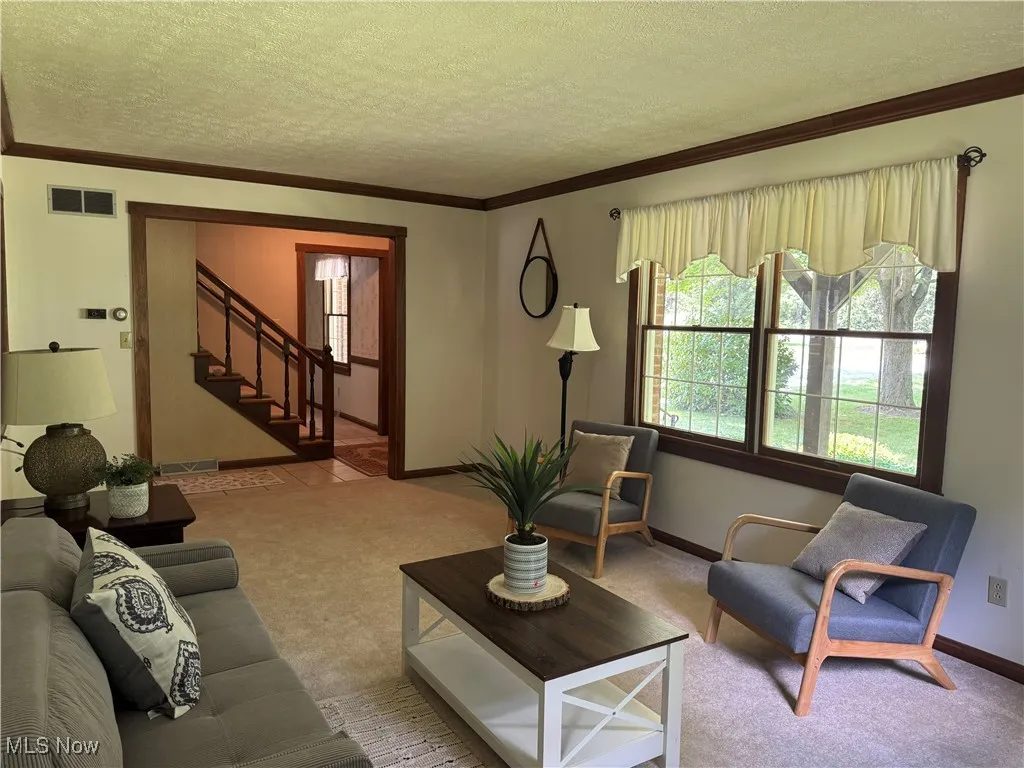 Carpeted living room with healthy amount of natural light, stairs, a textured ceiling, and ornamental molding