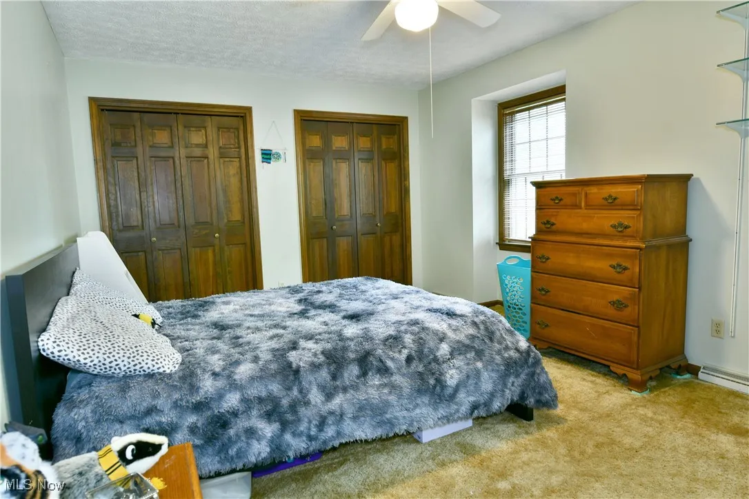 Bedroom featuring multiple closets, carpet flooring, and ceiling fan