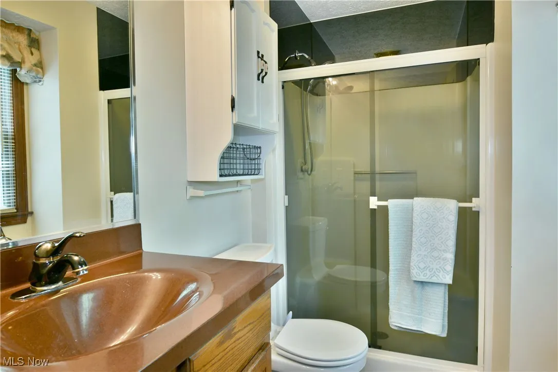 Bathroom with a shower stall and vanity
