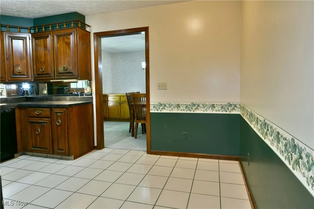 Kitchen with black dishwasher, dark countertops, and a wainscoted wall