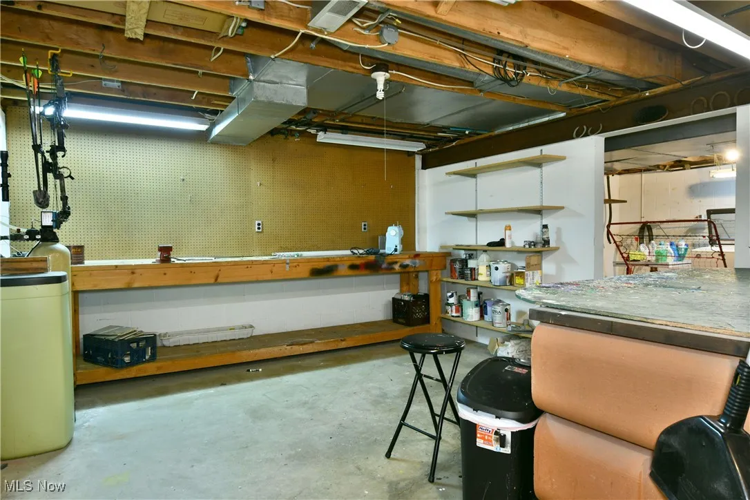 Unfinished basement with a workshop area and a water softener