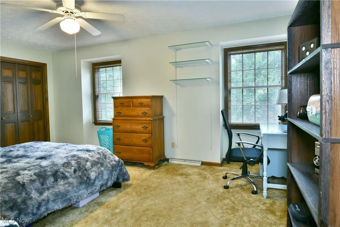 Carpeted bedroom with an office area, a ceiling fan, and a closet