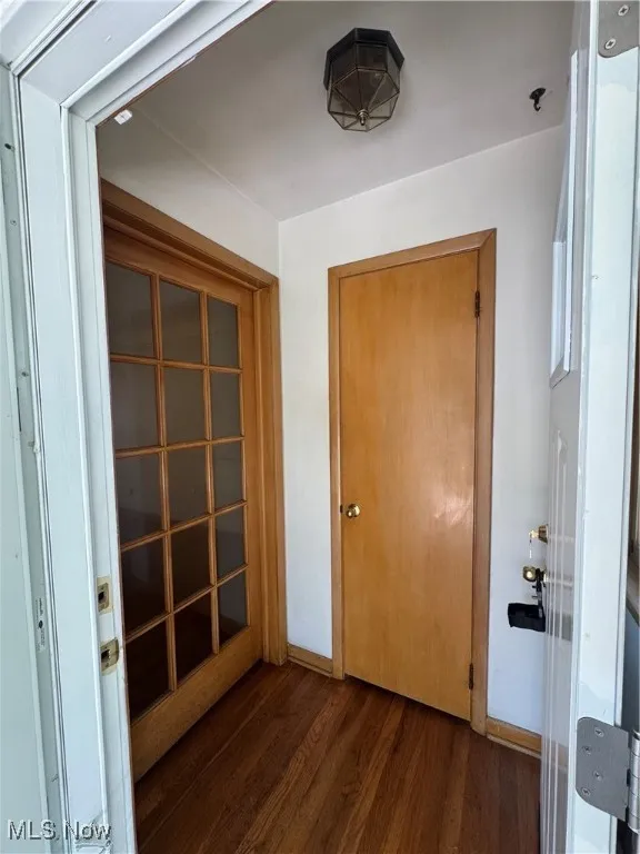 Doorway to outside featuring dark wood-type flooring