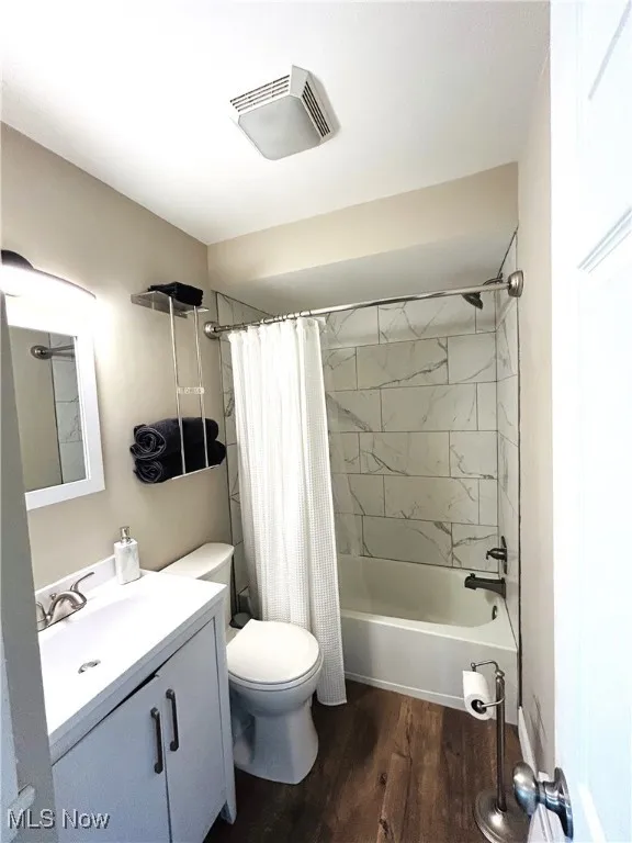 Full bathroom featuring vanity, toilet, and shower / tub combo