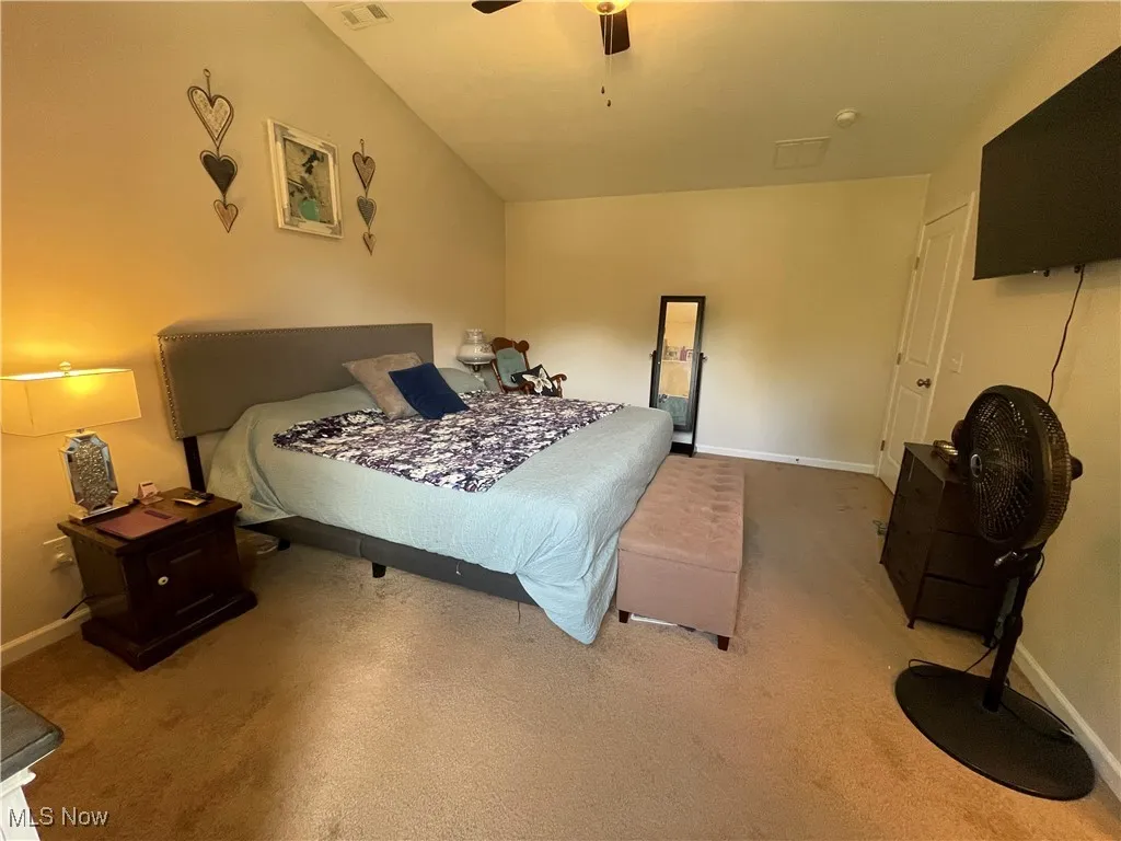 Bedroom with a ceiling fan and vaulted ceiling