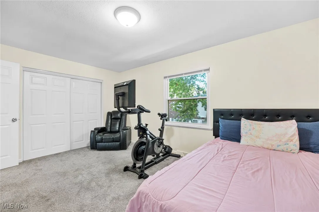 Carpeted bedroom featuring a closet