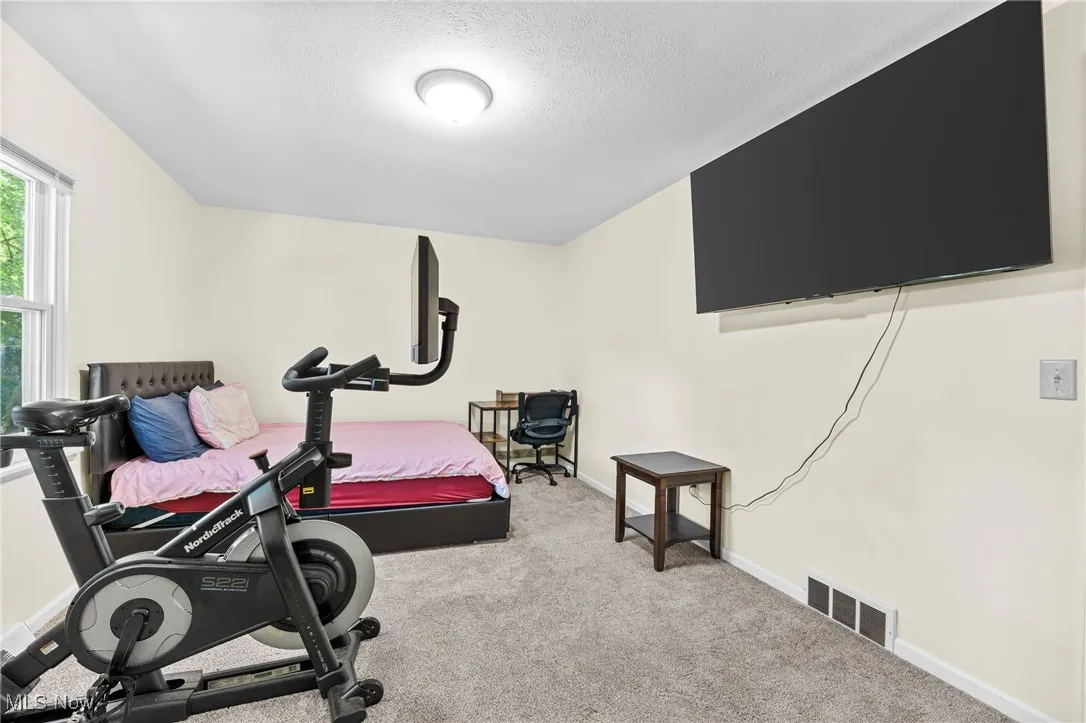 Bedroom featuring carpet flooring and a textured ceiling