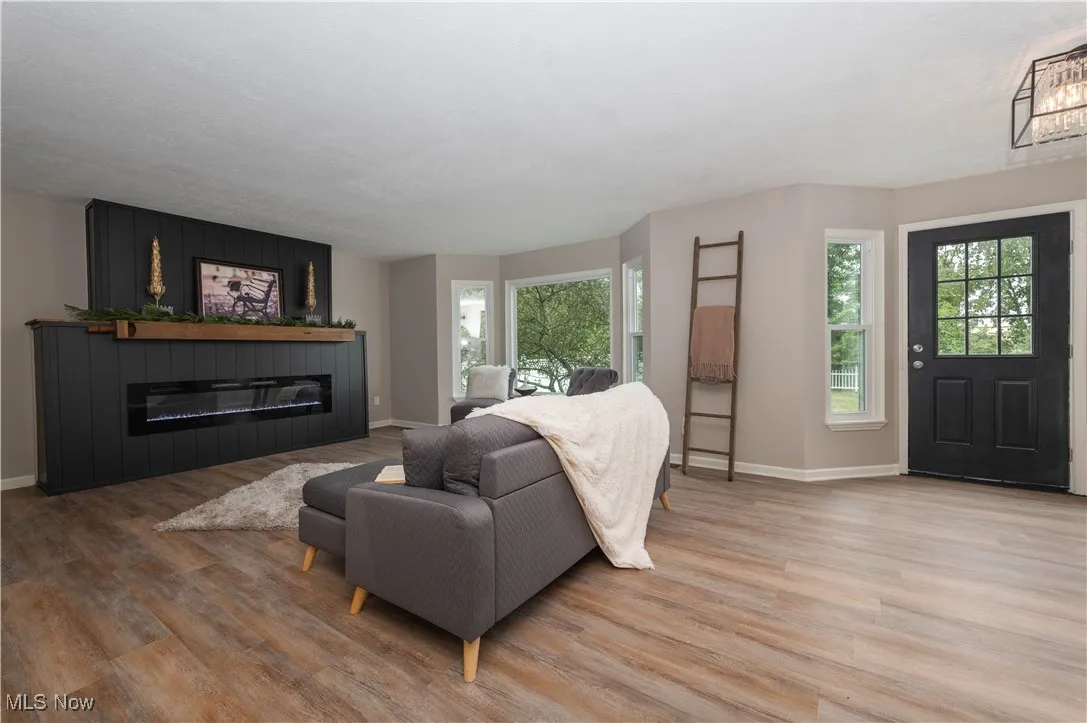 Big Open Family Room featuring light wood-type flooring and a glass covered fireplace