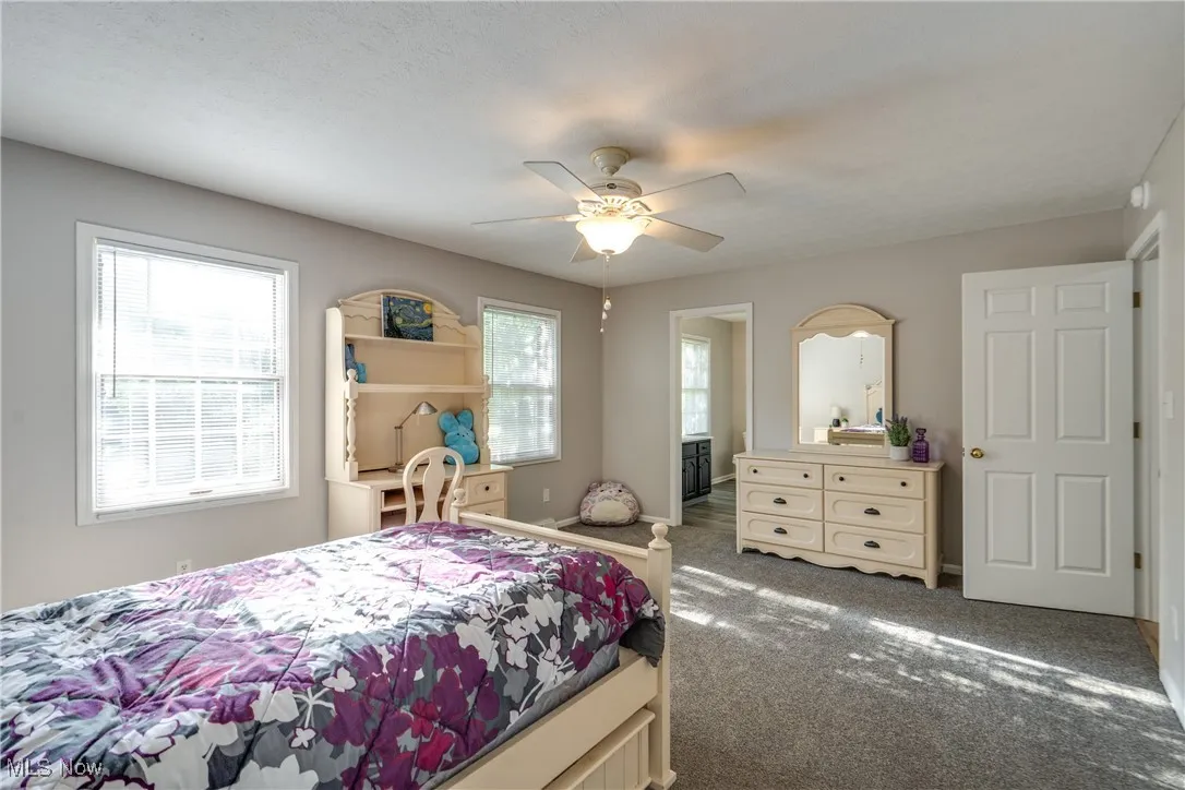 Carpeted bedroom with ceiling fan