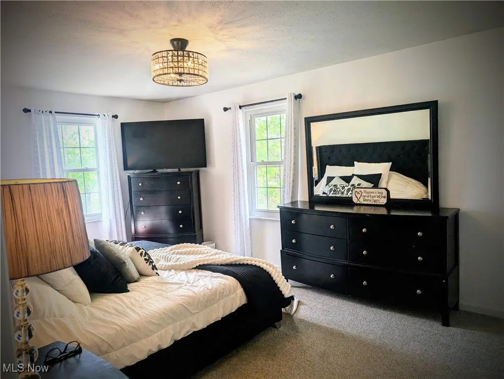 Carpeted bedroom with multiple windows and a chandelier