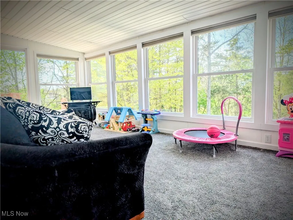 Sunroom featuring carpet floors and vaulted ceiling