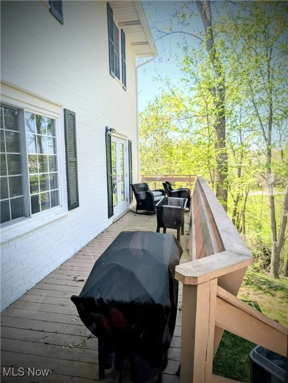Wooden terrace with french doors and a grill