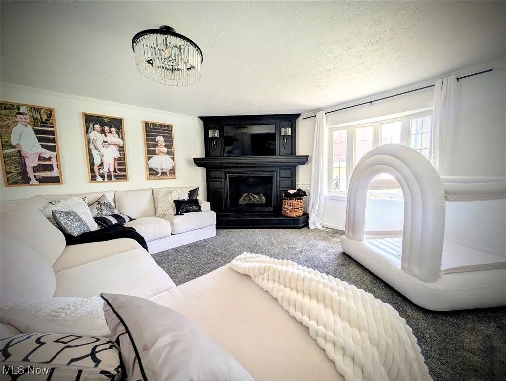 Carpeted living room with a glass covered fireplace, a chandelier, and ornamental molding