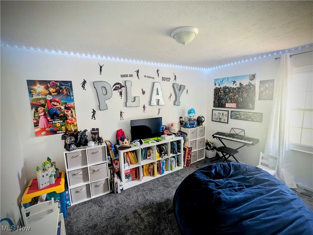 Playroom with carpet and a textured ceiling