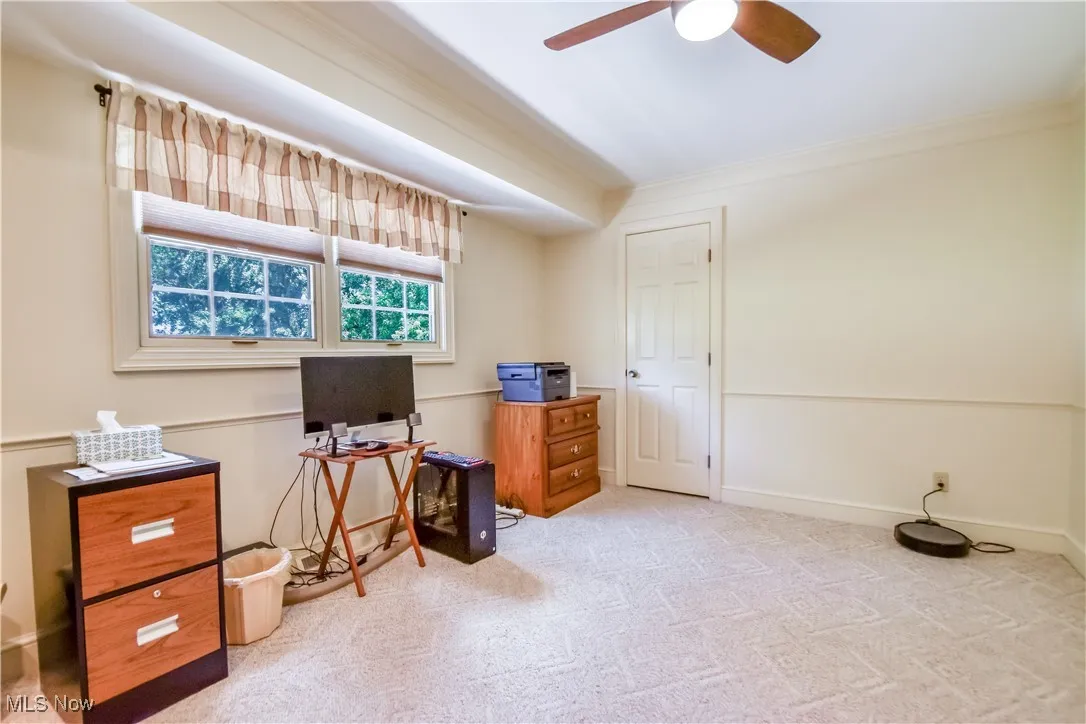 Carpeted office with a ceiling fan and ornamental molding