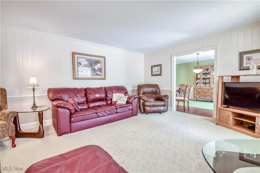 Living room with carpet flooring and ornamental molding