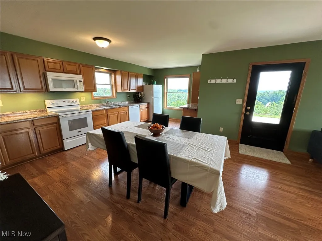 Kitchen with white appliances, plenty of natural light, and dark wood-type flooring
